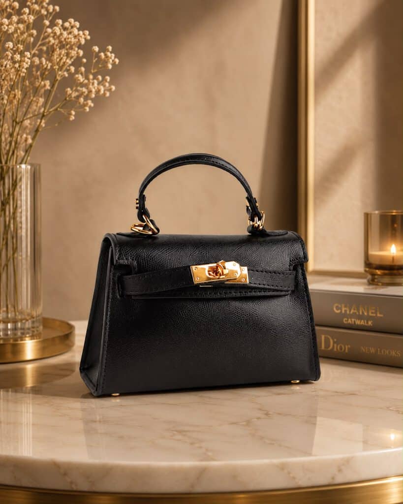 Amélie leren tas zwart — detail van de afwerking