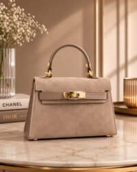 Amélie handtas van leer en suède in taupe met goudkleurige hardware