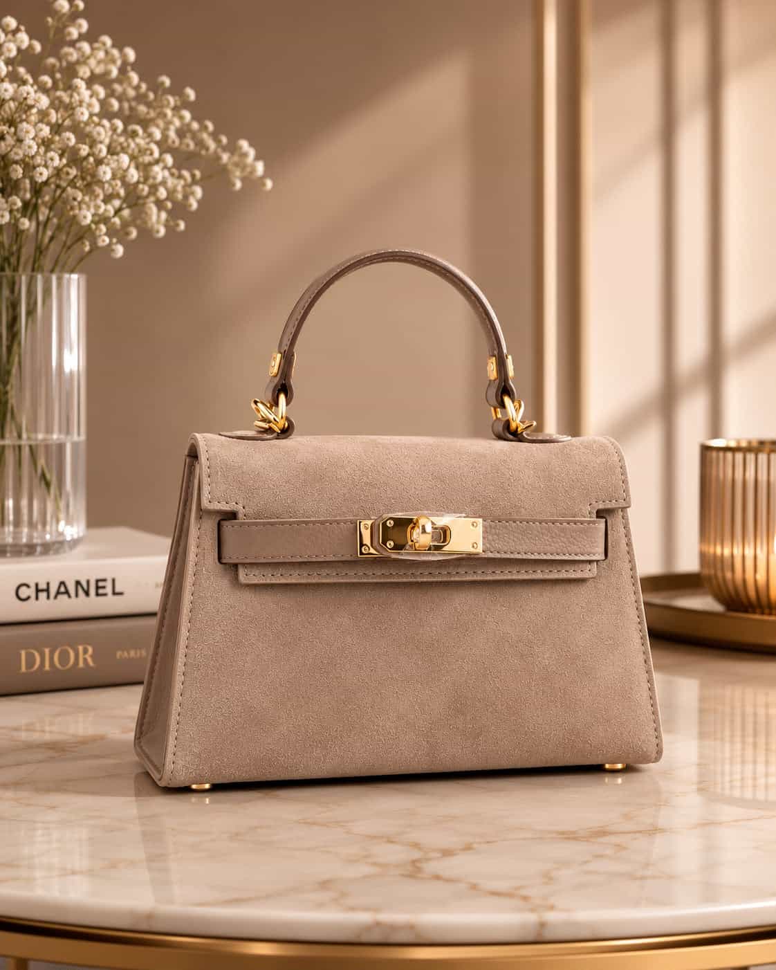 Amélie handtas van leer en suède in taupe met goudkleurige hardware